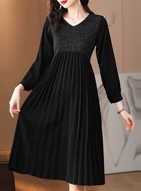 宽松显瘦假两件长袖连衣裙女2024年春秋新款大码女装黑色休闲裙子