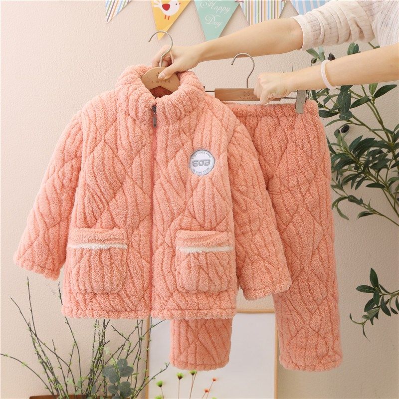 男童睡衣珊瑚绒拉链加厚款三层夹棉冬款儿童男孩2024新款家居服