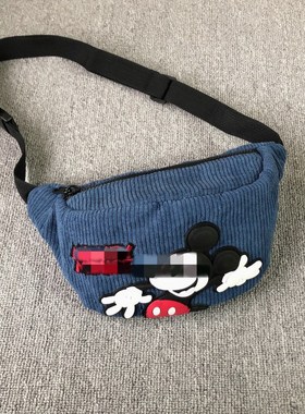 Z家新款童包卡通图案腰包男女童蓝色灯芯绒休闲胸包斜挎单肩包