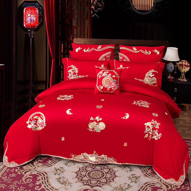 高端120支新疆长绒棉结婚床上用品四件套全棉婚庆大红色喜被婚房