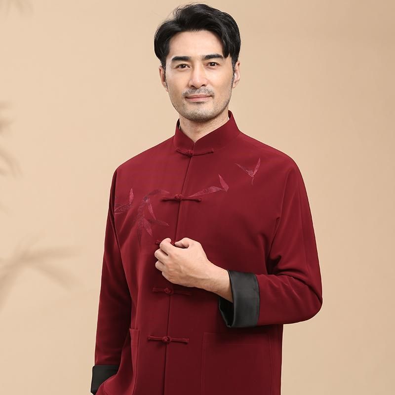 唐装男中青年长袖外套中式复古宽松立领盘扣秋冬中国风红色上衣,男装,唐装,淘宝优惠券,粉丝福利购,淘宝优惠卷