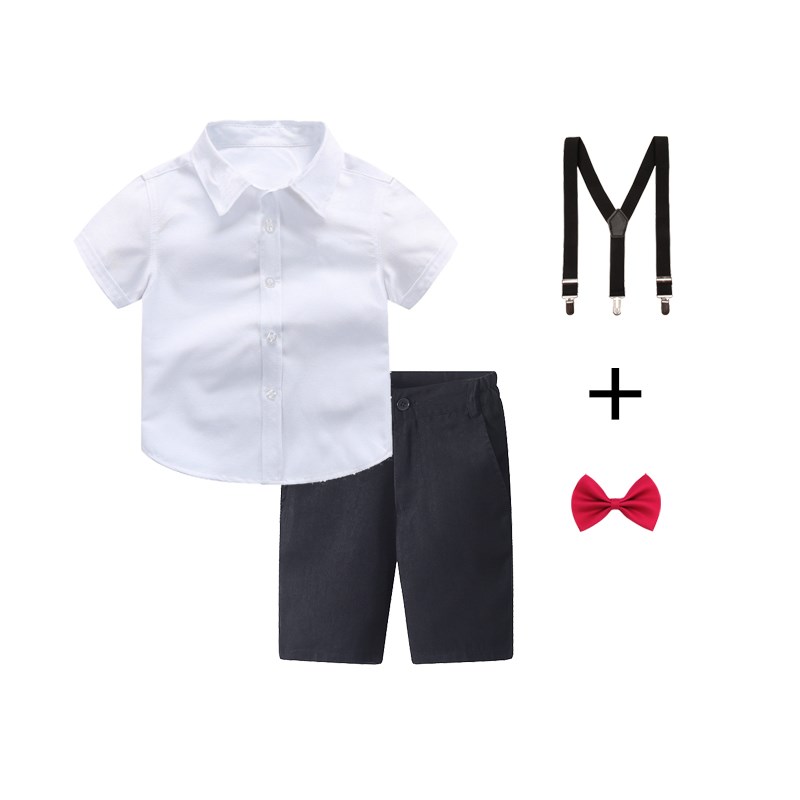 中小童白色衬衣演出服套装 男童白衬衫短袖背带短裤幼儿园毕业服