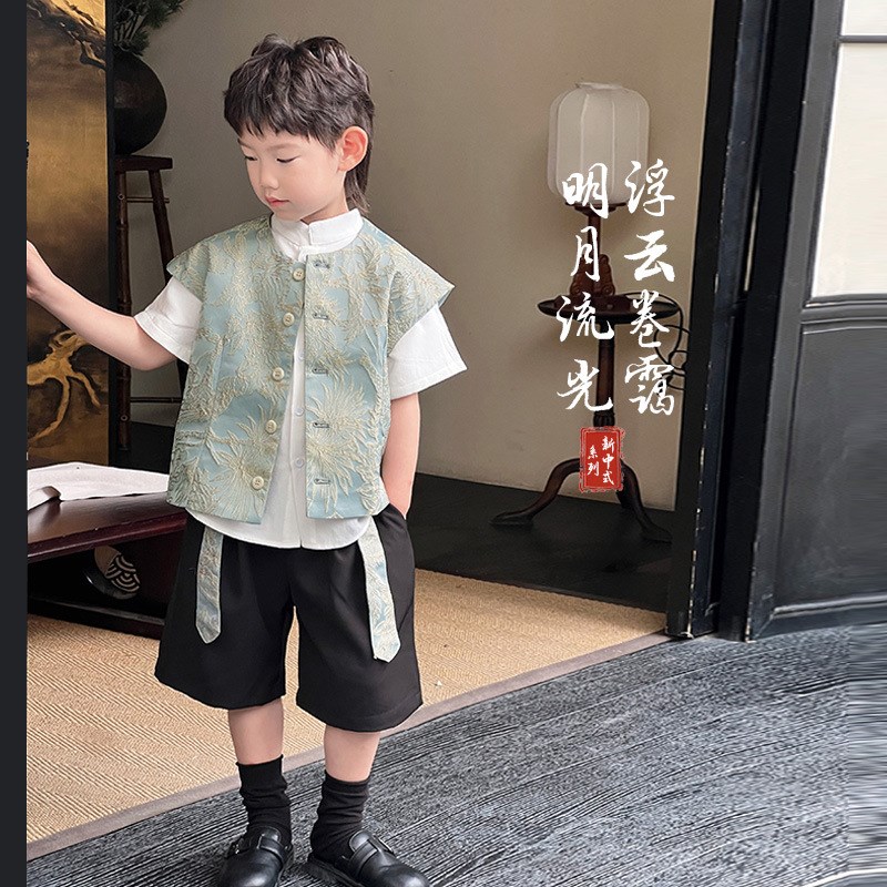 儿童新中式雕花马甲2024夏季新款男童国潮背心生日汉服礼服演出服