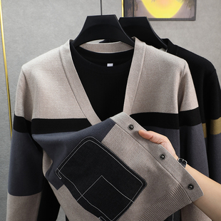 不起球~高级感开衫男针织衫V领布贴条纹春秋季男士毛衣外套外搭潮