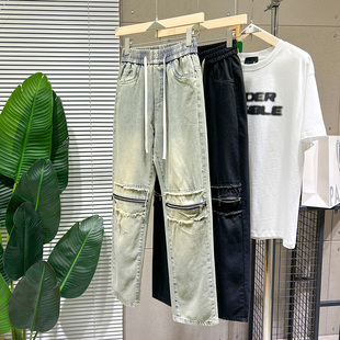 秋季直筒牛仔裤男美式做旧膝盖破洞裤子薄款九分工装裤窄版乞丐裤