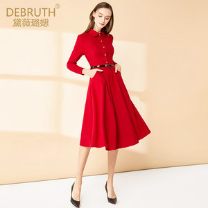 黛薇璐媤红色娃娃领羊毛呢连衣裙女秋冬新款法式气质收腰大摆裙