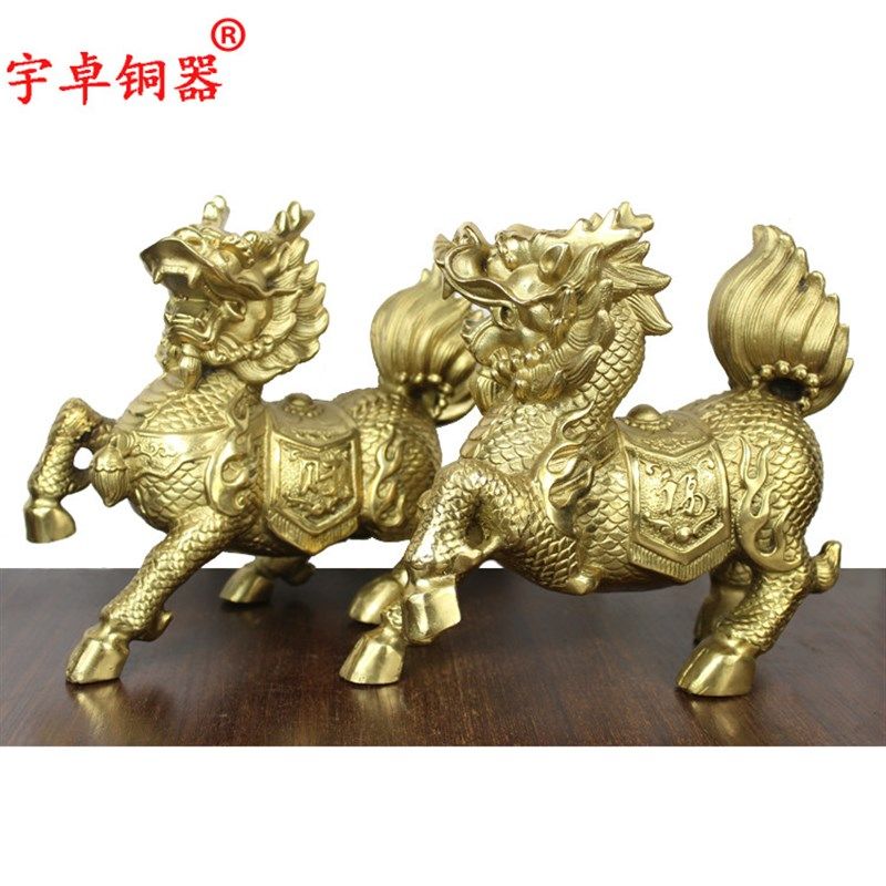 宇卓铜器纯铜黄铜财富麒麟 家居办公室财福麒麟工艺品桌面摆件