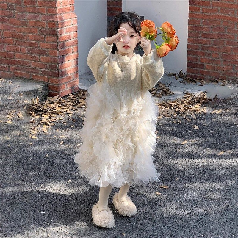 韩国童装2024秋冬新款米白色拼接蓬蓬网纱长裙女童花边袖毛衣裙子