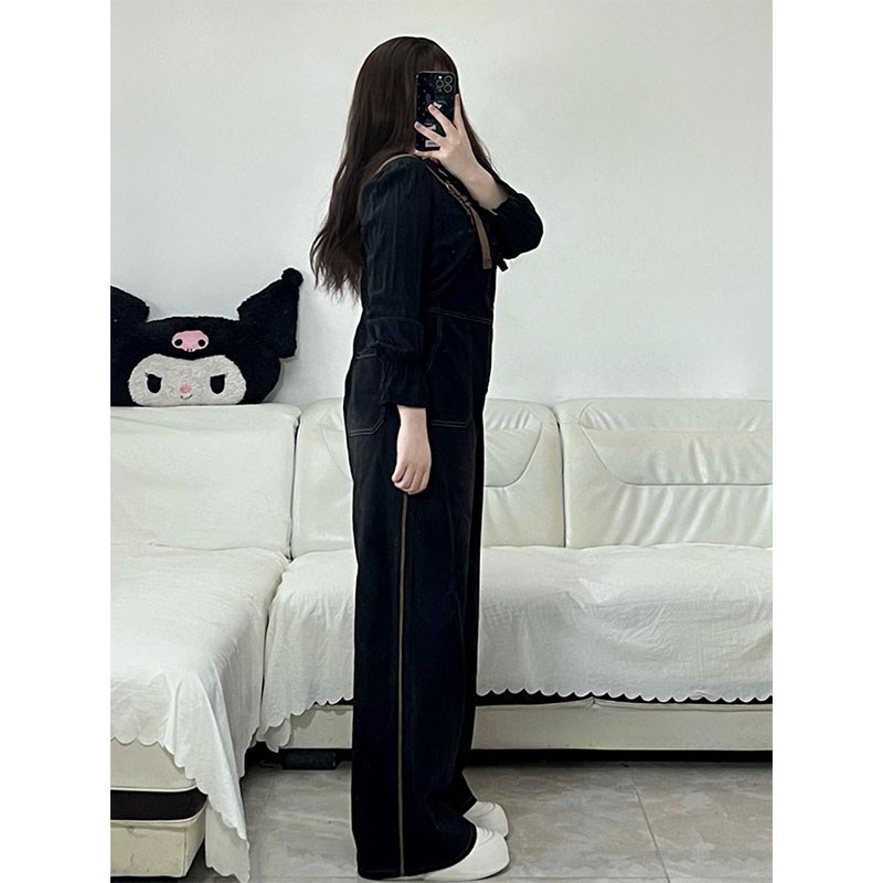 胖mm大码女装美式工装背带裤女秋季连体裤宽松百搭显瘦牛仔长裤子
