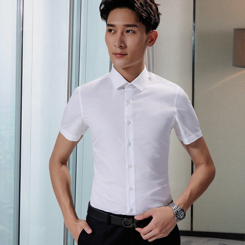 夏季短袖衬衫男白色纯棉商务正装休闲修身寸衫职业工作装男士衬衣