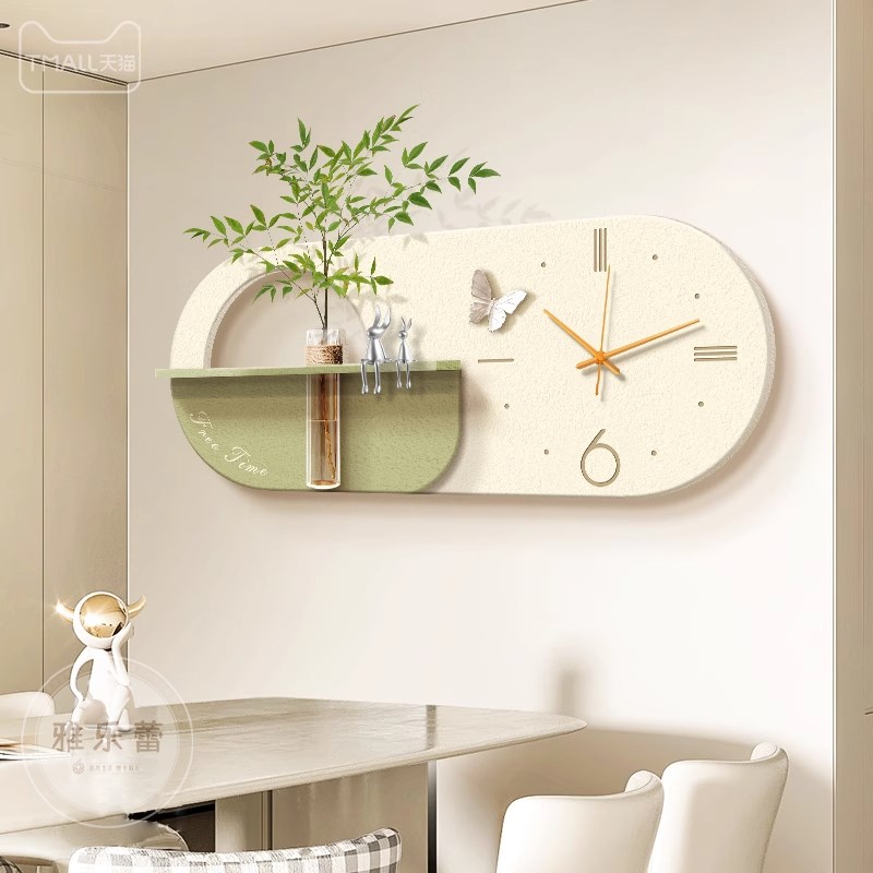 奶油风餐厅装饰画2024新款水培绿植挂画高级感餐桌背景墙钟表挂钟