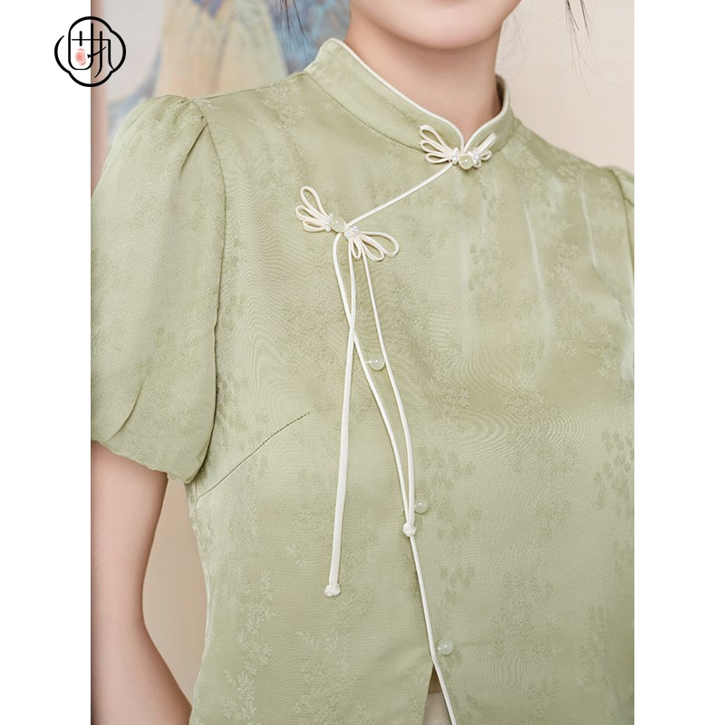固执新中式盘扣衬衫女2024夏季新立领泡泡短袖提花小衫上衣女粘纤