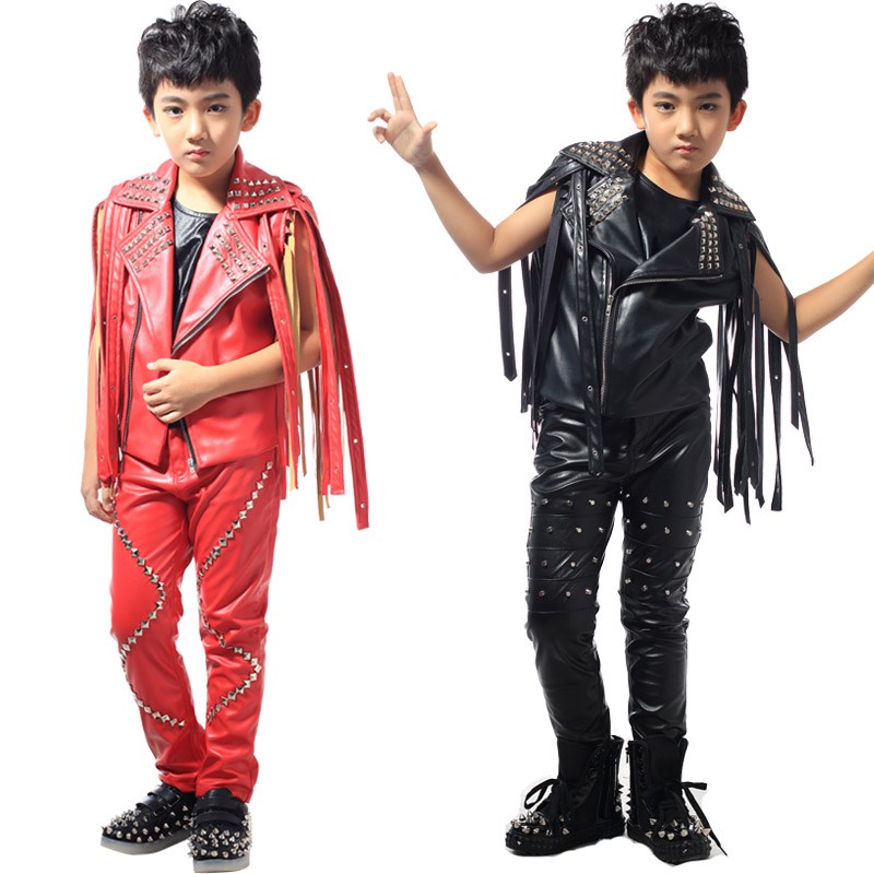 流苏修身卯钉铆钉皮马甲男童大童儿童舞台表演演出服街舞舞蹈服装