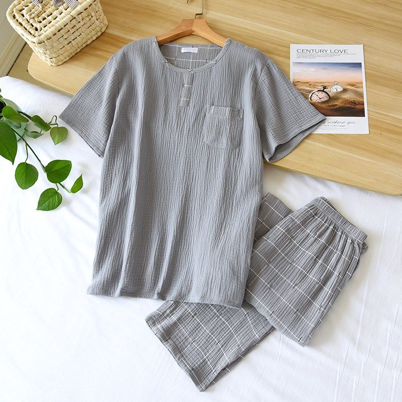男款纯棉短袖长裤睡衣套装双层纱布绉布圆领套头家居服7-1