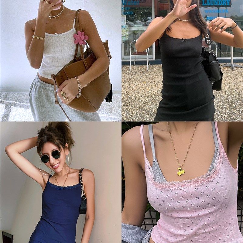 2023夏美式短款吊带修身蕾丝边少女针织内搭小背心连身裙打底衫女