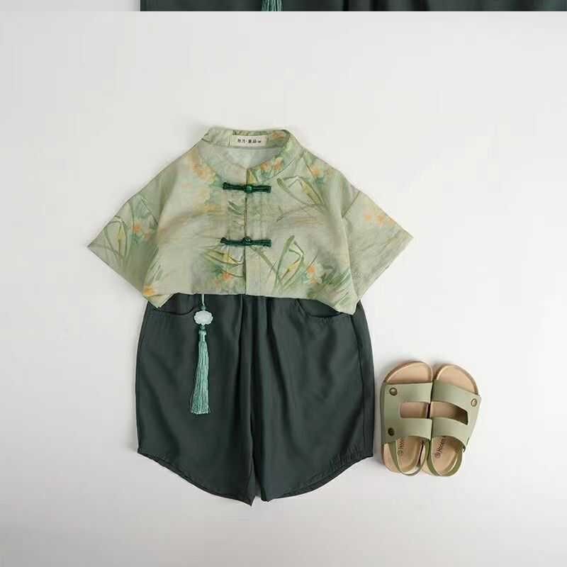 儿童夏古风短袖上衣唐装开衫衬衫裤子套装新中式中国风汉服两件套,童装/婴儿装/亲子装,唐装,淘宝优惠券,粉丝福利购,淘宝优惠卷