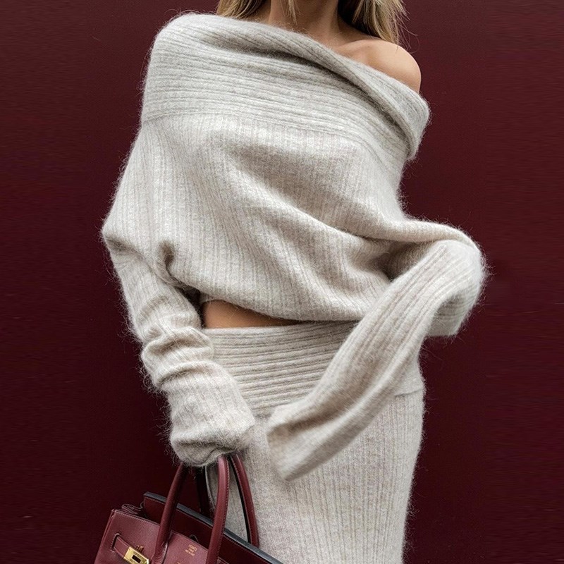 欧美风冬季时尚套装 翻边一字肩针织衫毛衣长袖上衣 鱼尾裙包臀裙