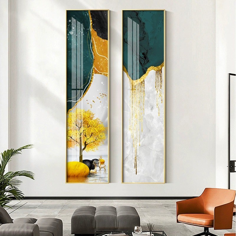入户玄关装饰画轻奢壁画走廊过道挂画长条竖版别墅发财鹿背景墙画图片