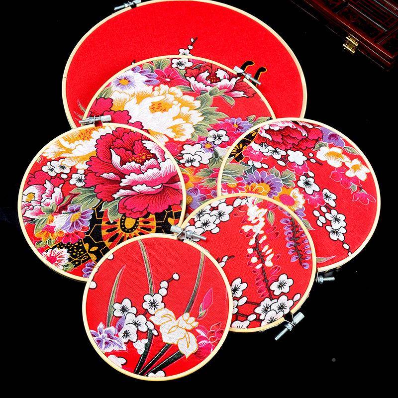 结庆布中式绣圈置用品布艺婚印花形绣绷圆婚房中式挂布圈件绣圈1