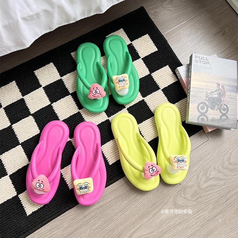 系爱卡通糖果感色夹日脚拖底春夏季女生踩屎软外穿人字拖沙滩拖