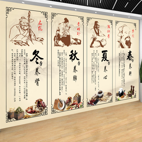 中医养生馆背景装饰画春夏秋冬四季养生图门诊院壁画定制墙纸