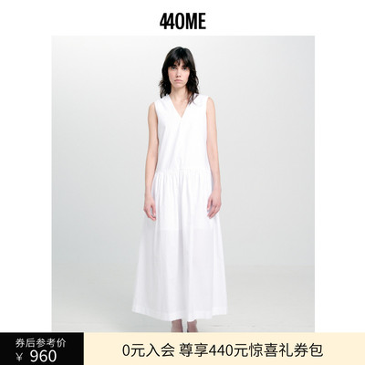 440ME女装 24年夏季新款纯棉白色修身V领无袖长款气质连衣裙长裙