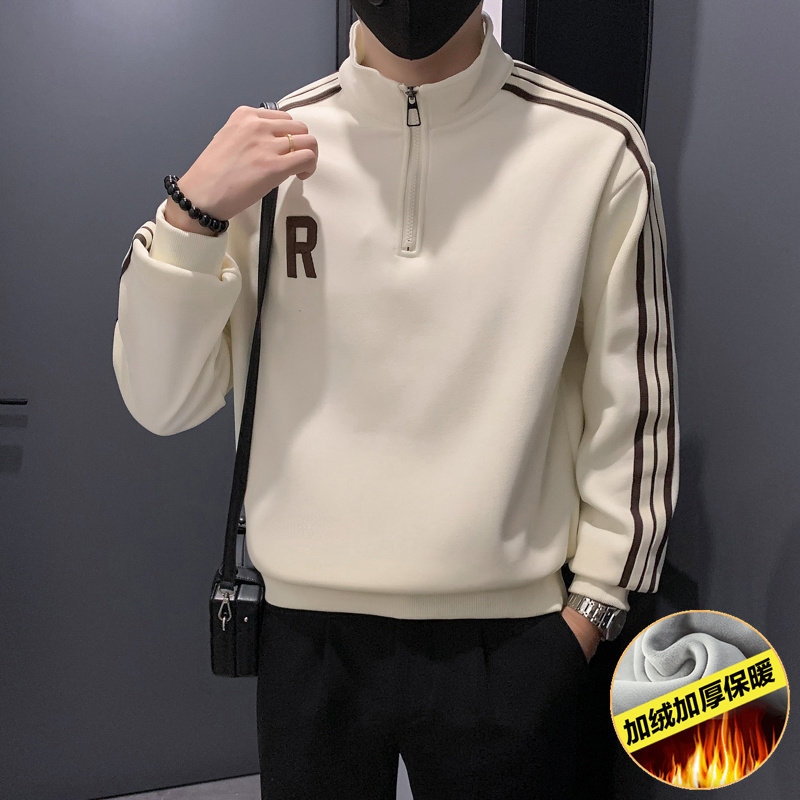 秋冬季立领半拉链加绒卫衣男拼色条纹高级感休闲冬款加厚上衣外套