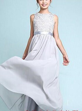 2020新款银灰色六一儿童礼服古筝钢琴表主持礼服长款蕾丝连衣裙春