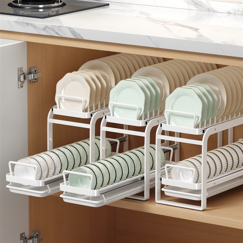 佳帮手窄边双层碗碟架厨房置物架台面柜内两用可抽拉沥水架收纳架