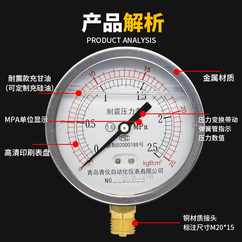 耐震压力表100表盘/25/40/6/1.6MPA液油压表水压表防震气压表2.5