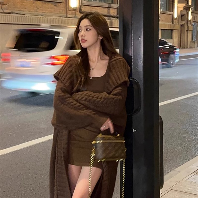 宽松针织外套女秋冬气质大v翻领慵懒休闲中长款毛衣开衫浴袍大衣