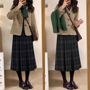 毛呢格子半身裙女秋冬新款高腰显瘦百褶裙复古百搭中长款a字伞裙