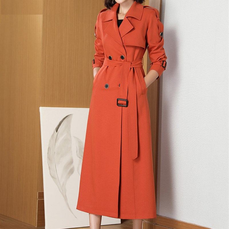 橘红色长款e风衣女2024春季新款气质今年流行外套修身显瘦时尚大
