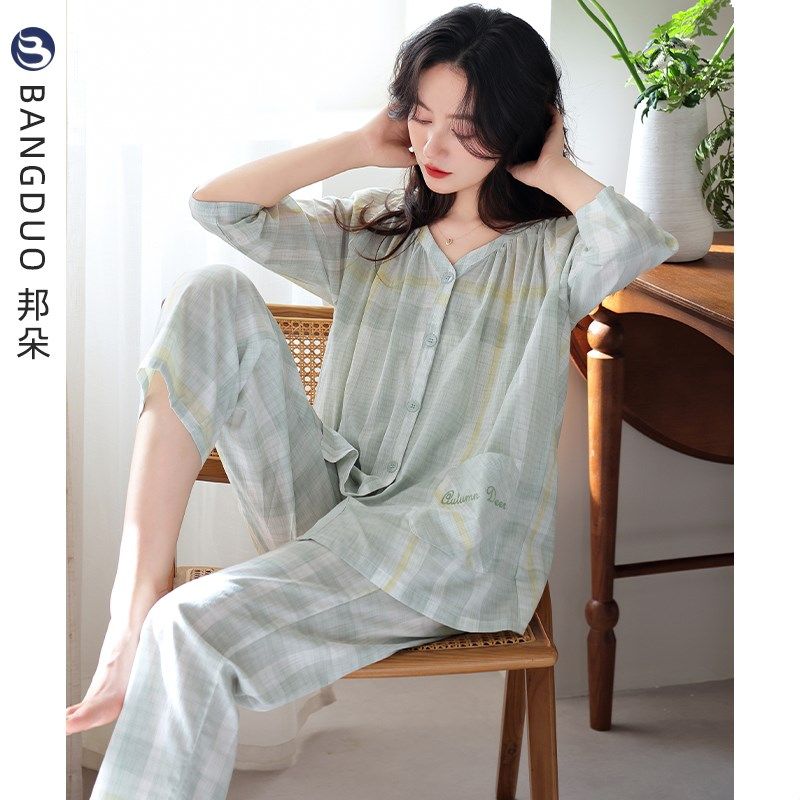 梭织棉纱布睡衣女春秋款纯棉七分袖秋季全棉薄款可外穿夏季家居服,女士内衣/男士内衣/家居服,睡衣/家居服套装,淘宝优惠券,粉丝福利购,淘宝优惠卷