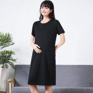 孕妇黑色工作服2021韩版新款潮妈夏季纯棉时尚短袖正装职业连衣裙