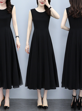 2023夏d季新款雪纺连衣裙女气质收腰显瘦遮肚大码吊带黑色背心长