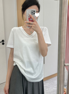 简约基础款白色v领T恤女百搭宽松纯色H短袖夏季新款体恤衫纯黑半