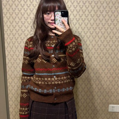 超软糯!复古费i尔岛提花毛衣开衫女冬季新款韩版长袖打底针织上衣