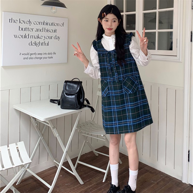 胖MM大码女装秋季学院风甜美蓝绿复古格子L连衣裙小个子飞袖套装