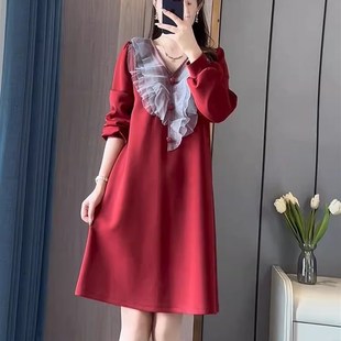 韩版V领荷叶边哺乳裙长袖春秋新款产后外穿时尚宽松喂奶连衣裙