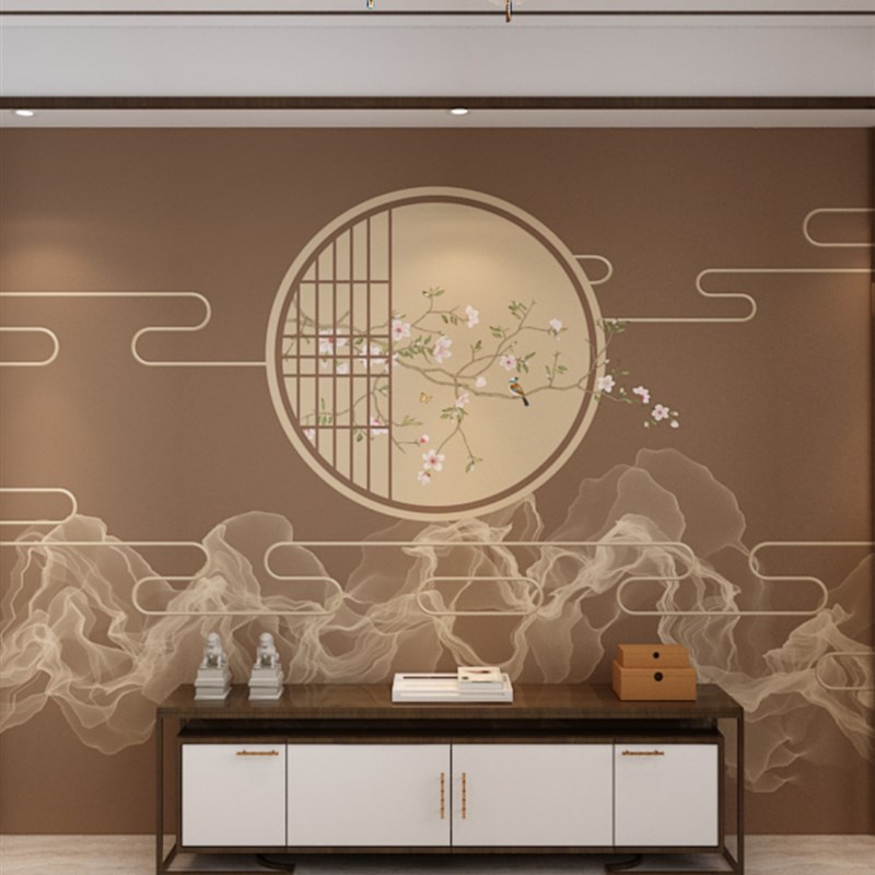 8d中式祥云花鸟壁布电视背景墙禅意卧室客厅沙发民V宿酒店墙纸墙
