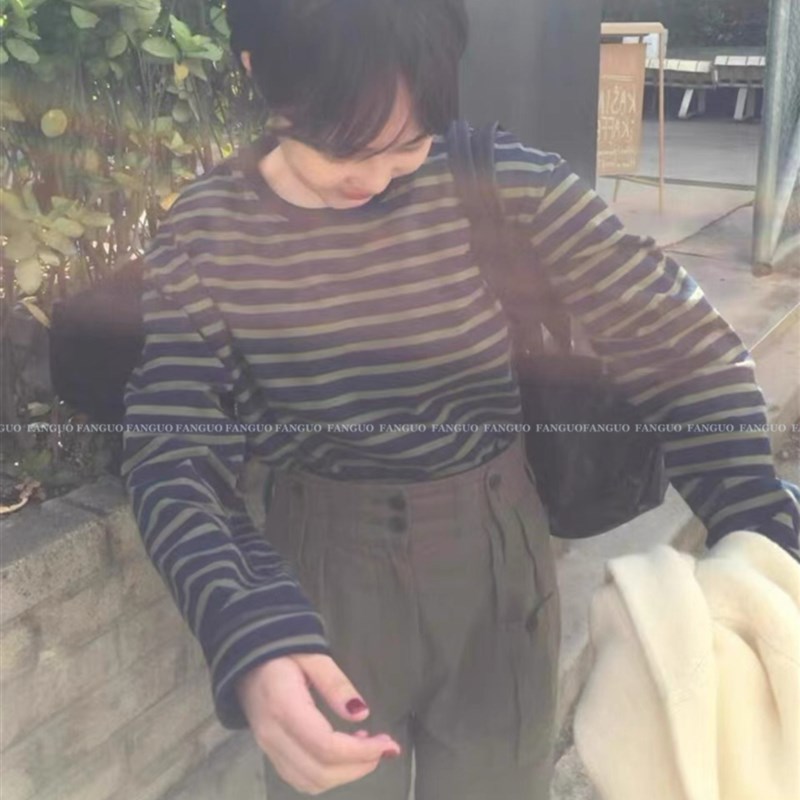 韩国小众 日杂风 慵懒随意宽松全棉条纹M长袖T恤打底衫女秋冬