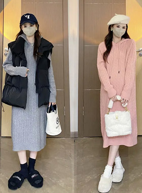 孕妇装春秋洋装h2023秋装新款外搭背心棉服时尚连帽毛衣裙两件套