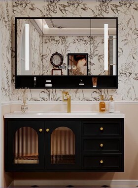 法式橡木烤漆76/86/96s/106/116CM陶瓷一体盆浴室柜洗漱台洗脸盆