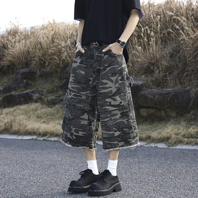 美式复古毛边迷彩设计感宽松口袋工装短裤男女直筒潮牌牛仔七分裤