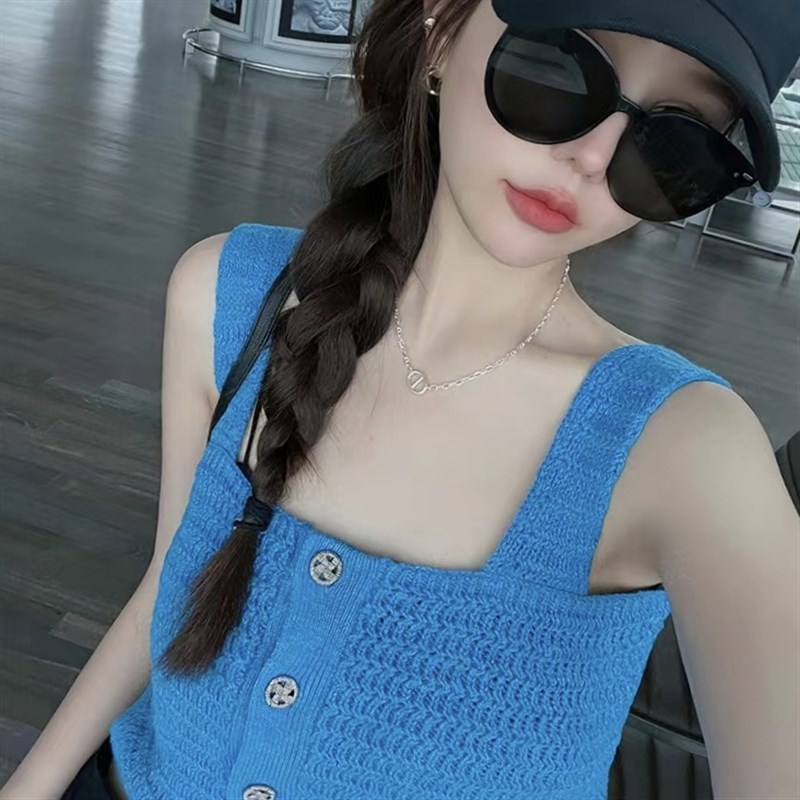 多巴胺穿搭法式甜辣小背心外穿蓝色针织吊带无袖上衣女夏X2023新