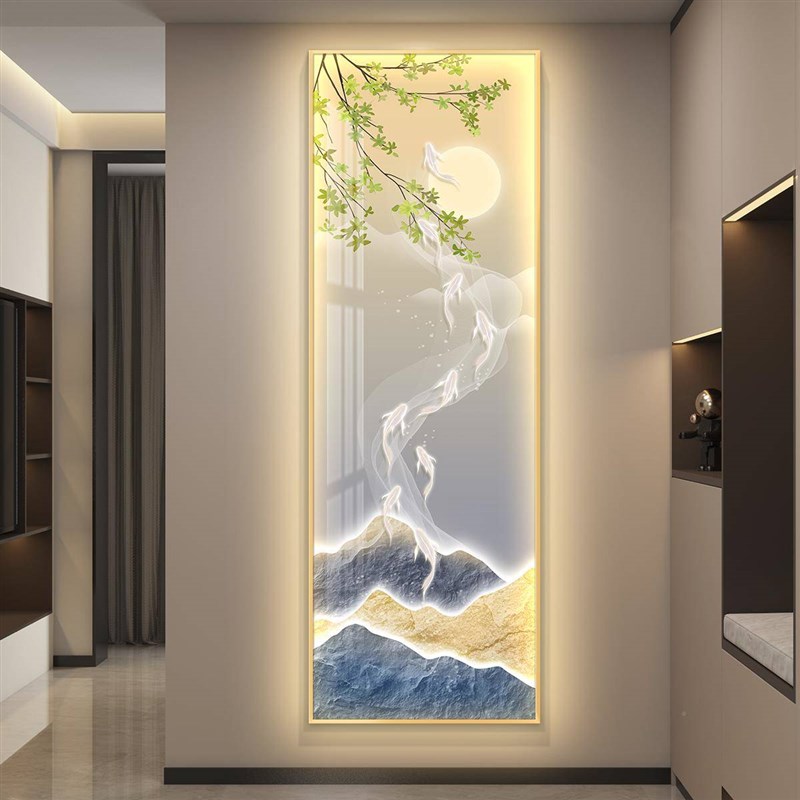 厂促竖条轻奢led带灯入饰户玄关墙装画现简约代走廊过道长挂画鱼