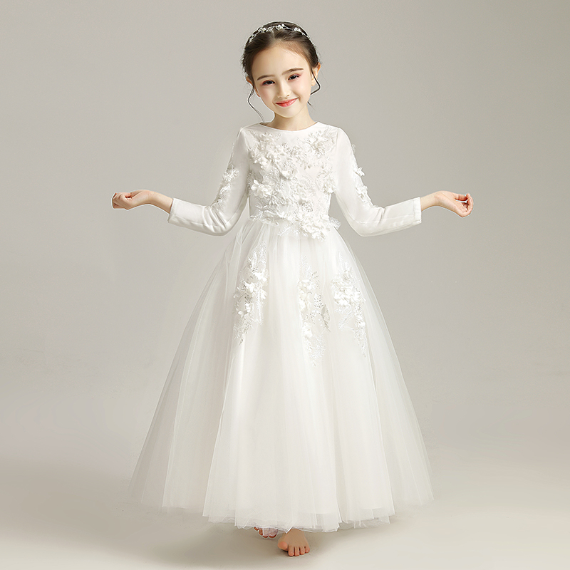 儿童礼服公主裙长袖加绒婚纱小花童结婚礼裙主持人钢琴演出服高端