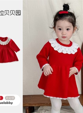女宝宝秋冬针织连衣裙女童红色喜庆毛衣公主裙周岁礼服裙新年裙子
