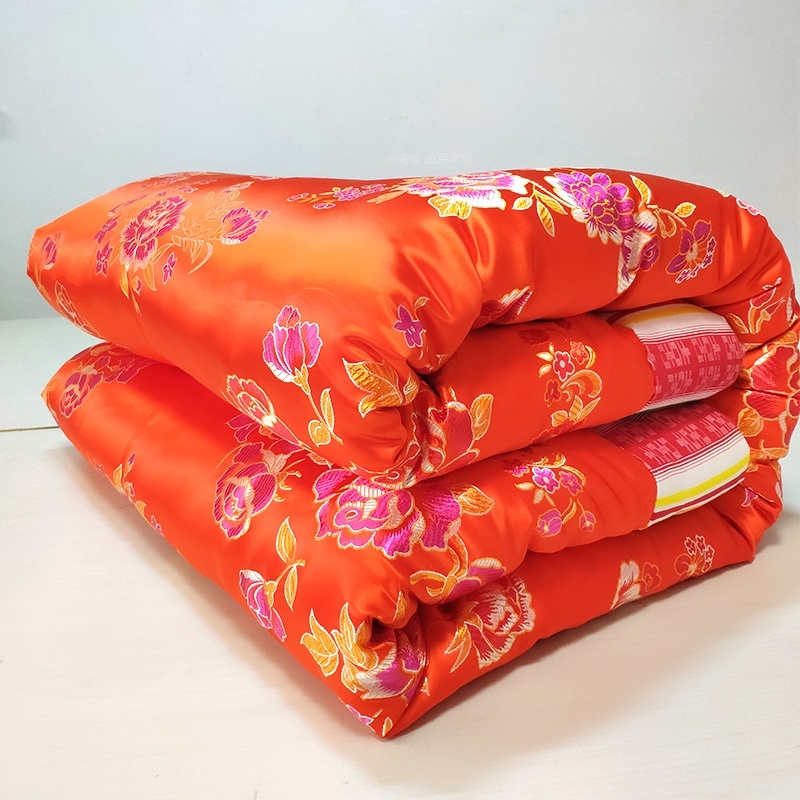 老式包边绸缎被子结婚红绿婚被传统手工喜被龙凤条纹被套全棉被芯